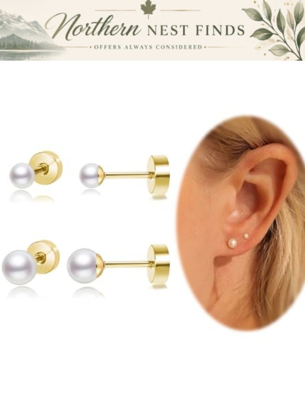 Titanium Pearl Stud Earrings Screw Back Flat Back Set for Women